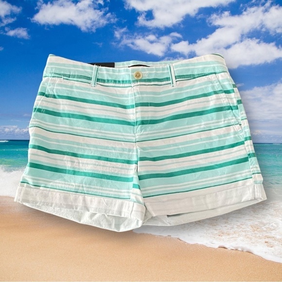 NWT Banana Republic Size 0 Green/White Striped Cotton/Spandex Shorts w/Pockets - Picture 1 of 4